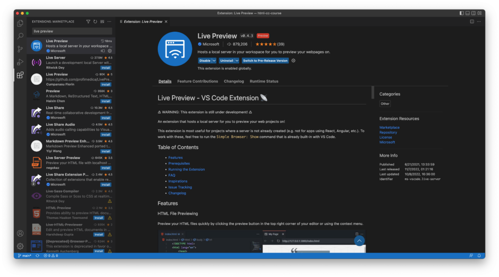 vs code html live preview extension